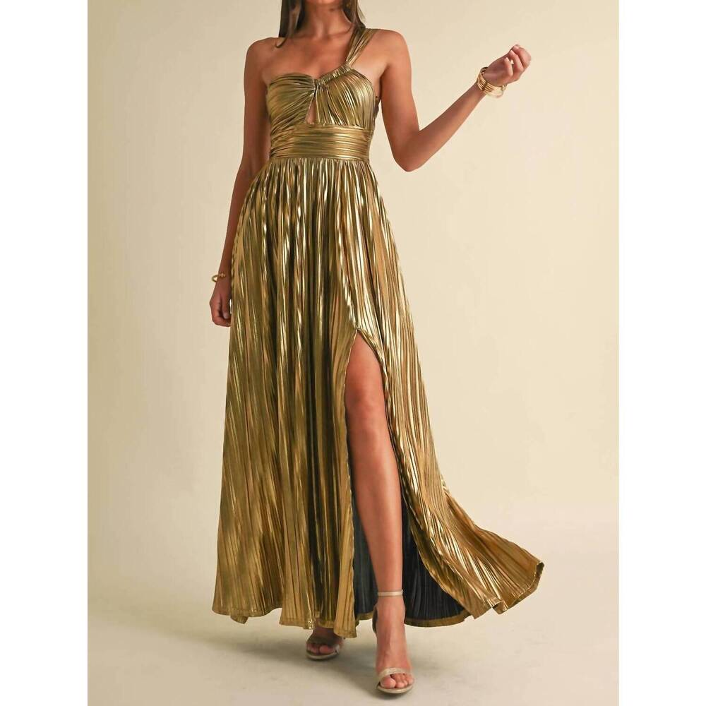 NEW EB LUXE metallic pleat maxi dress in gold